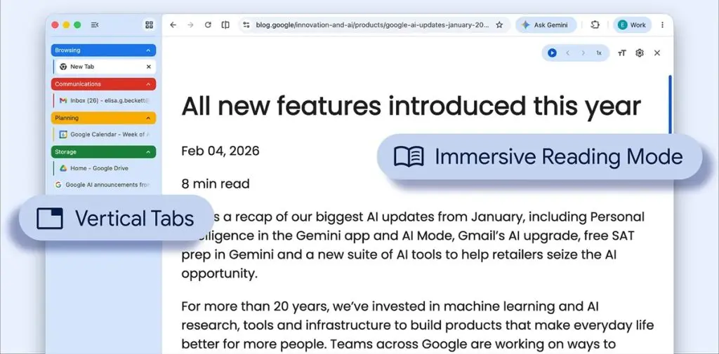 Google Chrome'a Gelen 2 Yeni Özellik: Dikey Sekmeler ve Okuma Modu Deneyimi Google Chrome dikey sekmeler