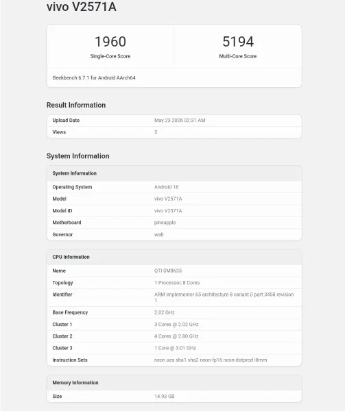 Vivo S60 Serisi Geekbench’te Görüntülendi: Güçlü Özellikleriyle Geliyor Vivo S60